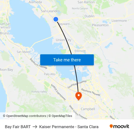 Bay Fair BART to Kaiser Permanente - Santa Clara map