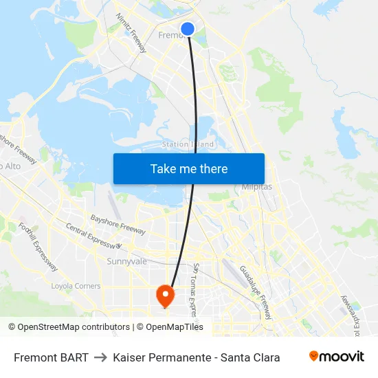 Fremont BART to Kaiser Permanente - Santa Clara map