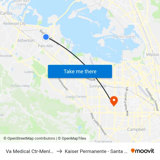 Va Medical Ctr-Menlo Pk to Kaiser Permanente - Santa Clara map