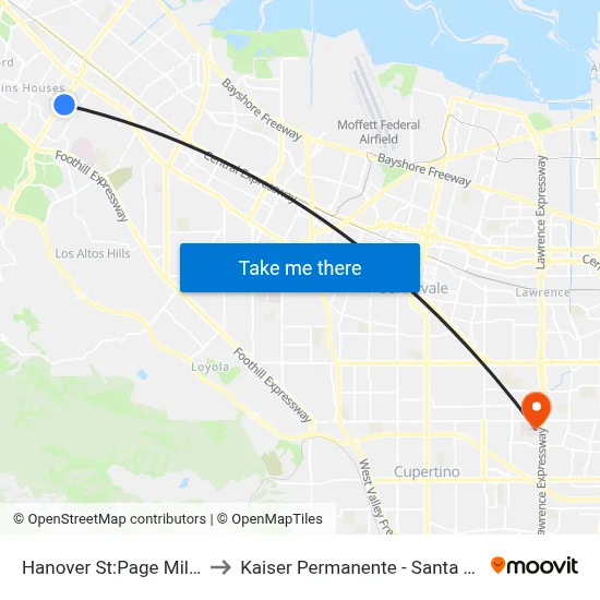 Hanover St:Page Mill Rd to Kaiser Permanente - Santa Clara map