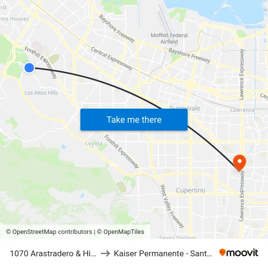 1070 Arastradero & Hillview to Kaiser Permanente - Santa Clara map