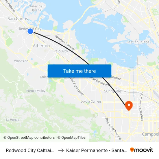 Redwood City Caltrain-Bay to Kaiser Permanente - Santa Clara map