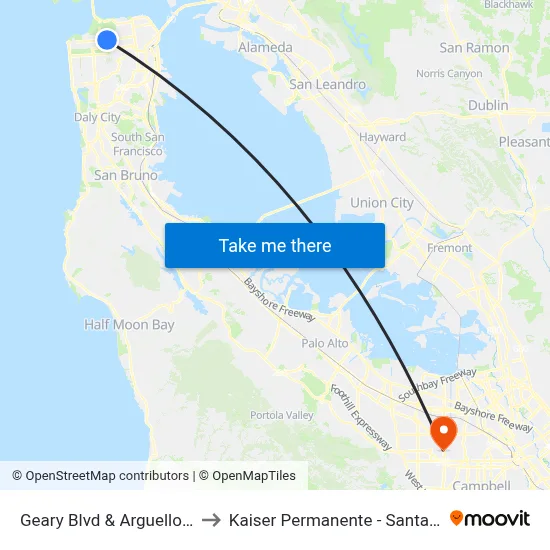 Geary Blvd & Arguello Blvd to Kaiser Permanente - Santa Clara map
