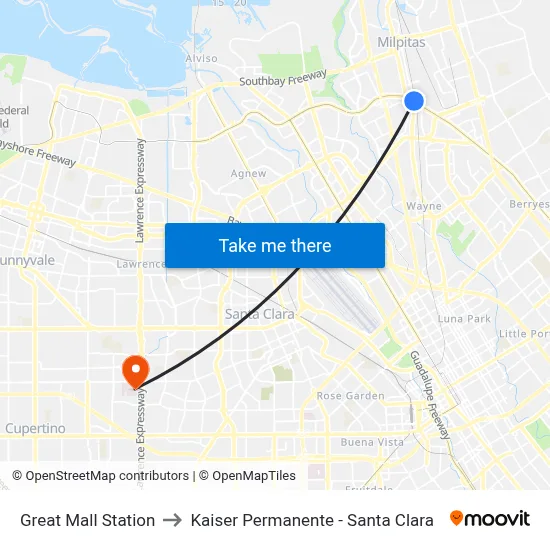 Great Mall Station to Kaiser Permanente - Santa Clara map