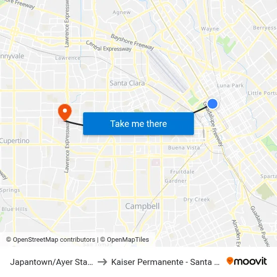 Japantown/Ayer Station to Kaiser Permanente - Santa Clara map