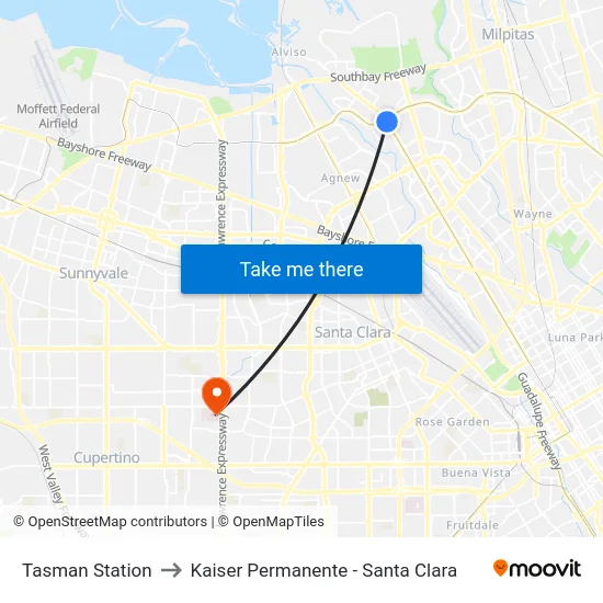 Tasman Station to Kaiser Permanente - Santa Clara map
