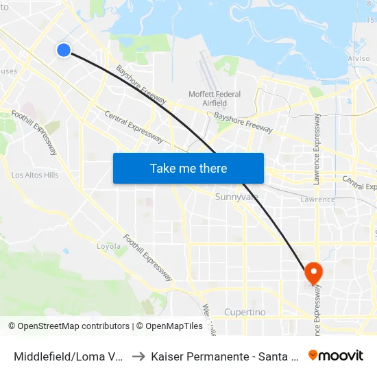 Middlefield/Loma Verde to Kaiser Permanente - Santa Clara map
