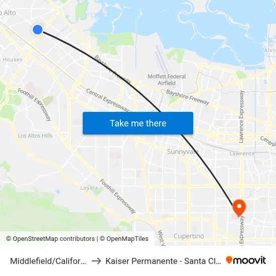 Middlefield/California to Kaiser Permanente - Santa Clara map