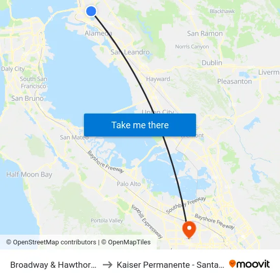 Broadway & Hawthorne Av to Kaiser Permanente - Santa Clara map