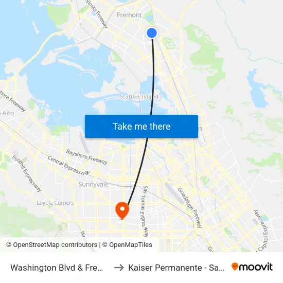 Washington Blvd & Fremont Blvd to Kaiser Permanente - Santa Clara map