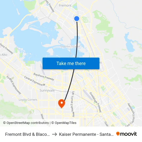 Fremont Blvd & Blacow Rd to Kaiser Permanente - Santa Clara map