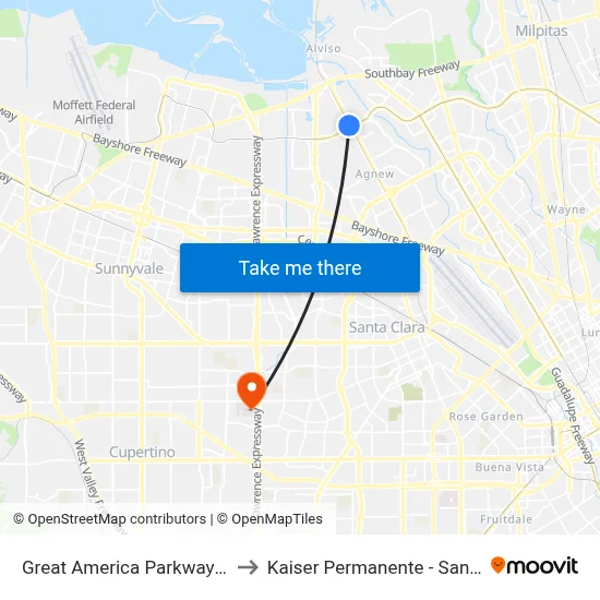 Great America Parkway Station to Kaiser Permanente - Santa Clara map