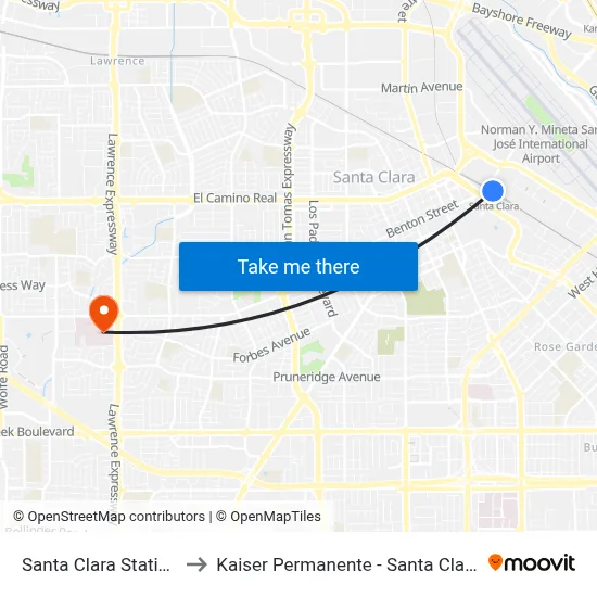 Santa Clara Station to Kaiser Permanente - Santa Clara map
