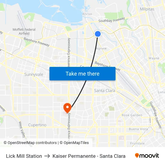 Lick Mill Station to Kaiser Permanente - Santa Clara map