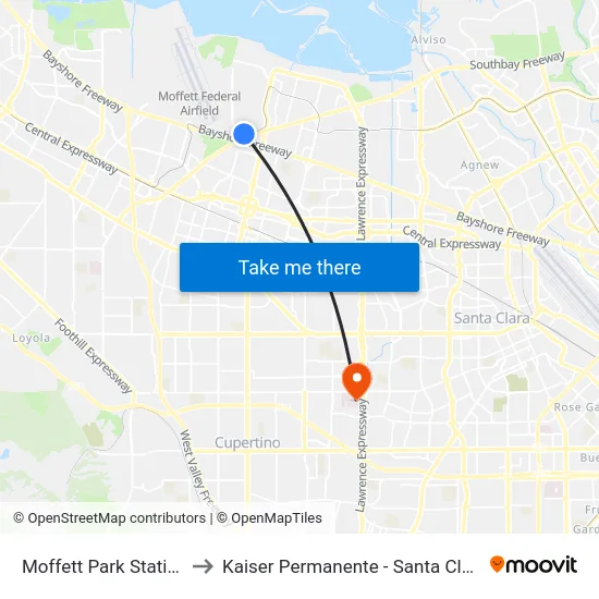 Moffett Park Station to Kaiser Permanente - Santa Clara map