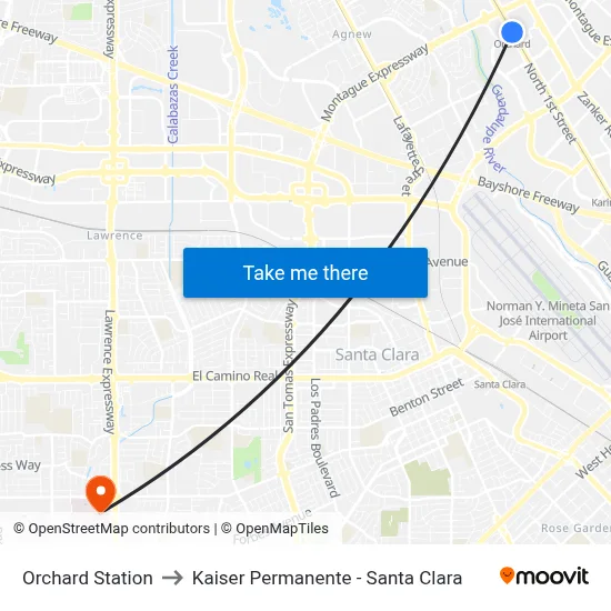 Orchard Station to Kaiser Permanente - Santa Clara map