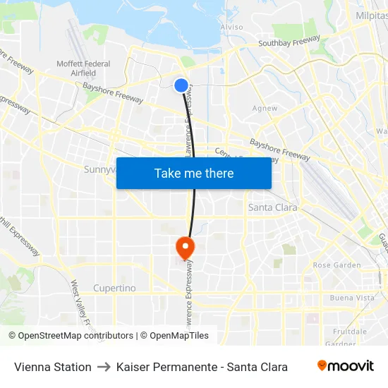 Vienna Station to Kaiser Permanente - Santa Clara map
