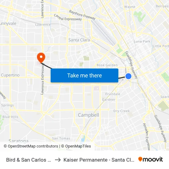Bird & San Carlos (S) to Kaiser Permanente - Santa Clara map