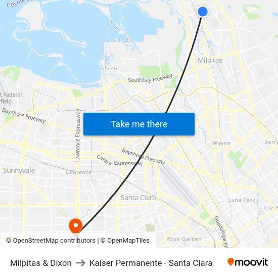 Milpitas & Dixon to Kaiser Permanente - Santa Clara map
