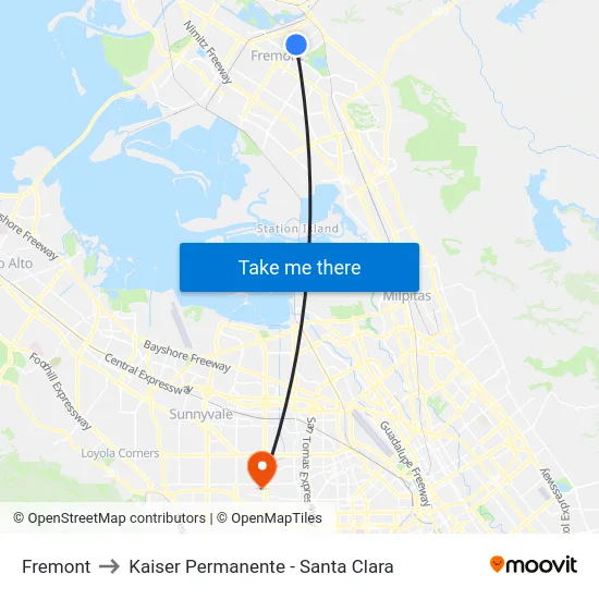 Fremont to Kaiser Permanente - Santa Clara map