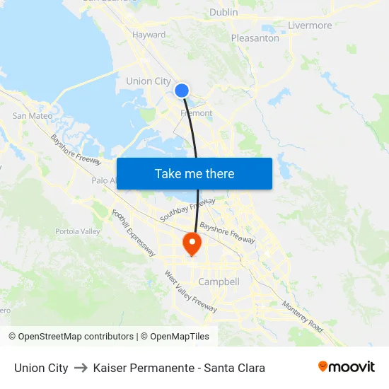 Union City to Kaiser Permanente - Santa Clara map
