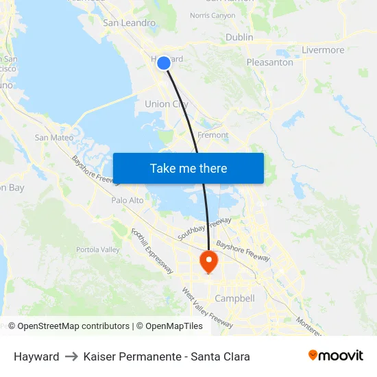 Hayward to Kaiser Permanente - Santa Clara map