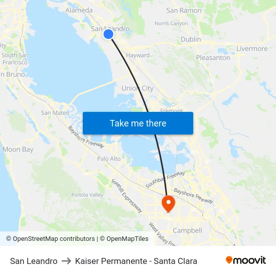 San Leandro to Kaiser Permanente - Santa Clara map