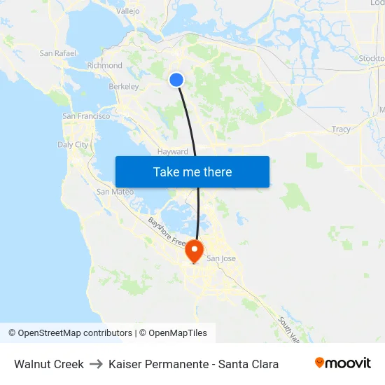 Walnut Creek to Kaiser Permanente - Santa Clara map