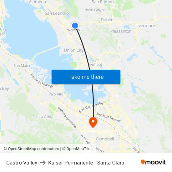 Castro Valley to Kaiser Permanente - Santa Clara map