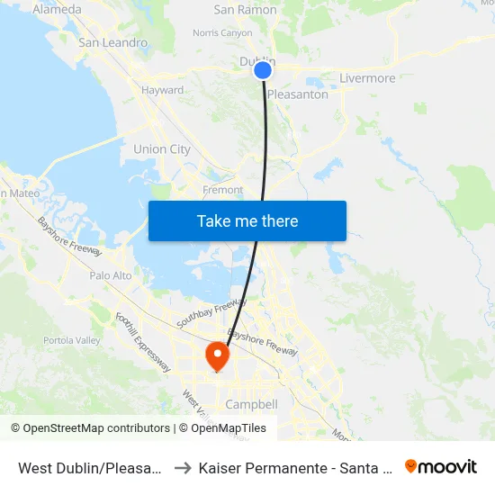 West Dublin/Pleasanton to Kaiser Permanente - Santa Clara map