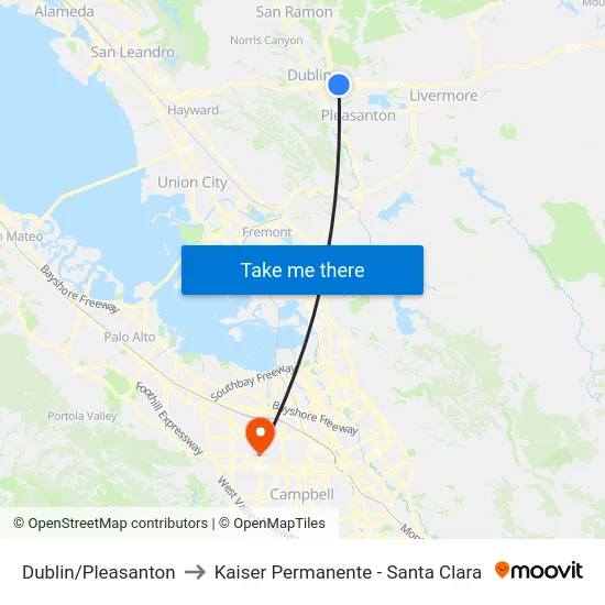 Dublin/Pleasanton to Kaiser Permanente - Santa Clara map