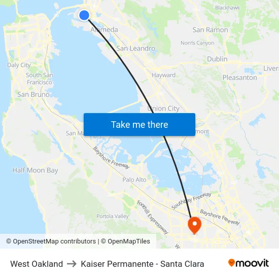 West Oakland to Kaiser Permanente - Santa Clara map