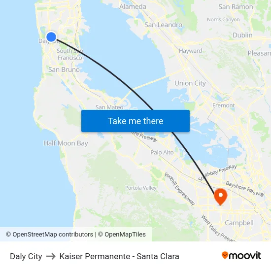 Daly City to Kaiser Permanente - Santa Clara map