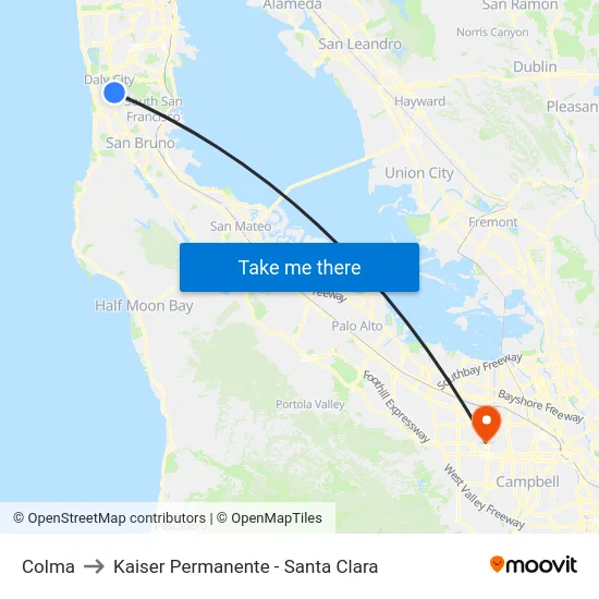 Colma to Kaiser Permanente - Santa Clara map