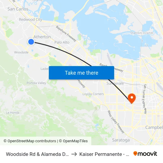 Woodside Rd & Alameda De Las Pulgas to Kaiser Permanente - Santa Clara map