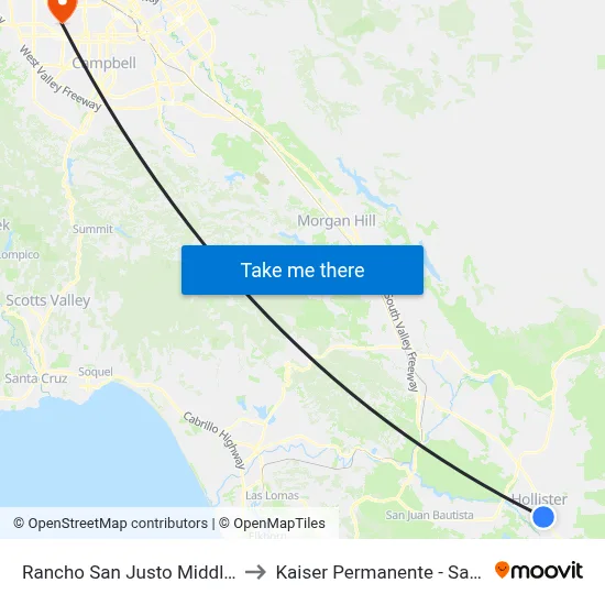 Rancho San Justo Middle School to Kaiser Permanente - Santa Clara map