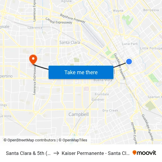 Santa Clara & 5th (W) to Kaiser Permanente - Santa Clara map
