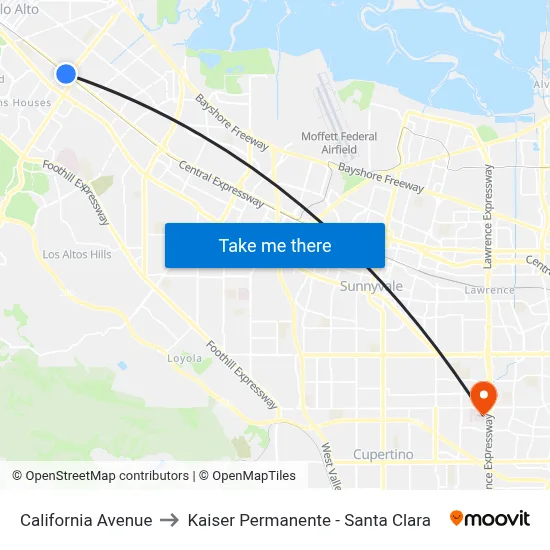California Avenue to Kaiser Permanente - Santa Clara map