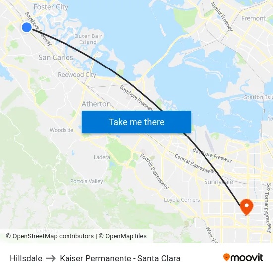Hillsdale to Kaiser Permanente - Santa Clara map