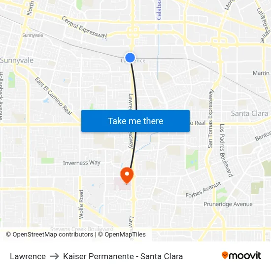 Lawrence to Kaiser Permanente - Santa Clara map