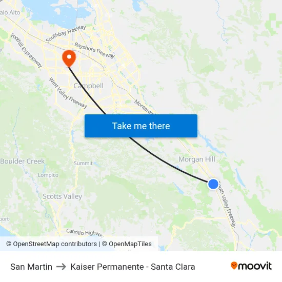 San Martin to Kaiser Permanente - Santa Clara map
