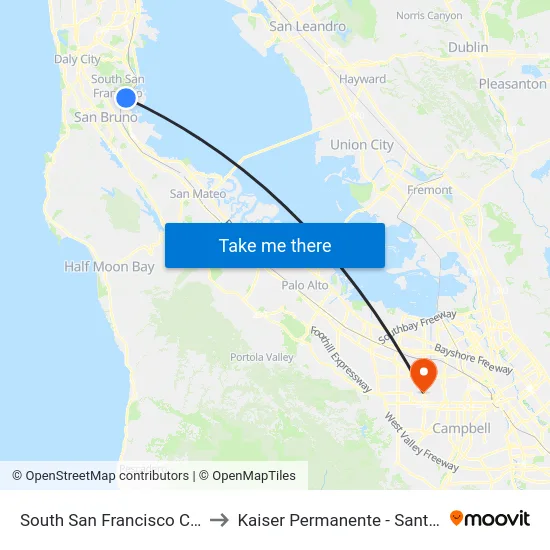 South San Francisco Caltrain to Kaiser Permanente - Santa Clara map