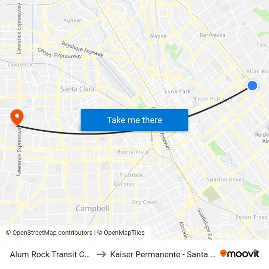 Alum Rock Transit Center to Kaiser Permanente - Santa Clara map