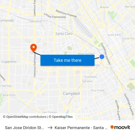 San Jose Diridon Station to Kaiser Permanente - Santa Clara map