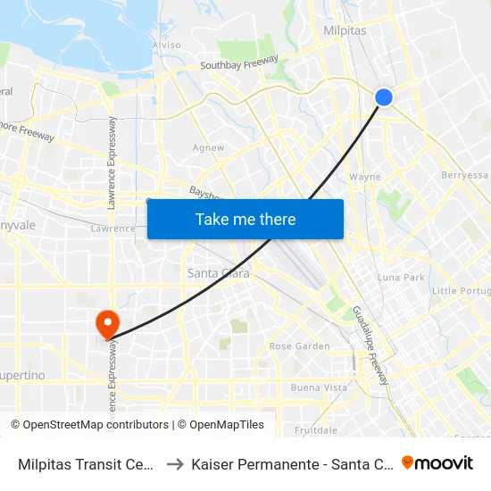 Milpitas Transit Center to Kaiser Permanente - Santa Clara map