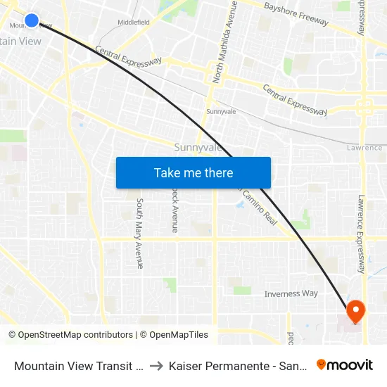 Mountain View Transit Center to Kaiser Permanente - Santa Clara map