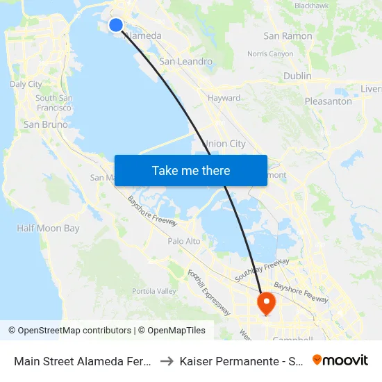 Main Street Alameda Ferry Terminal to Kaiser Permanente - Santa Clara map