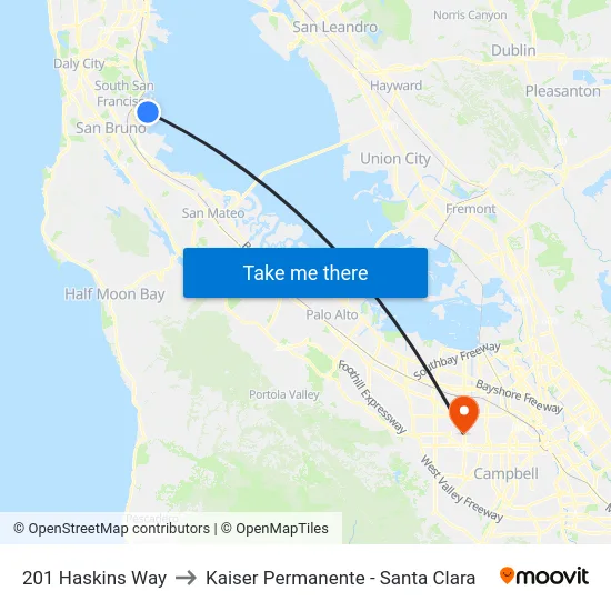 201 Haskins Way to Kaiser Permanente - Santa Clara map