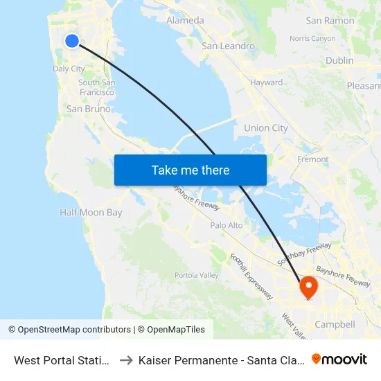 West Portal Station to Kaiser Permanente - Santa Clara map