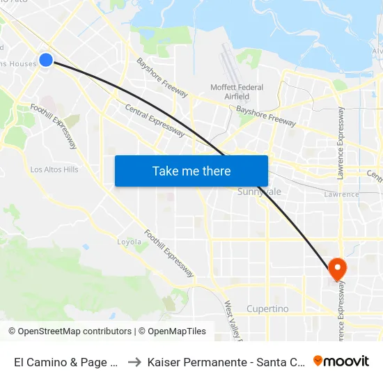 El Camino & Page Mill to Kaiser Permanente - Santa Clara map